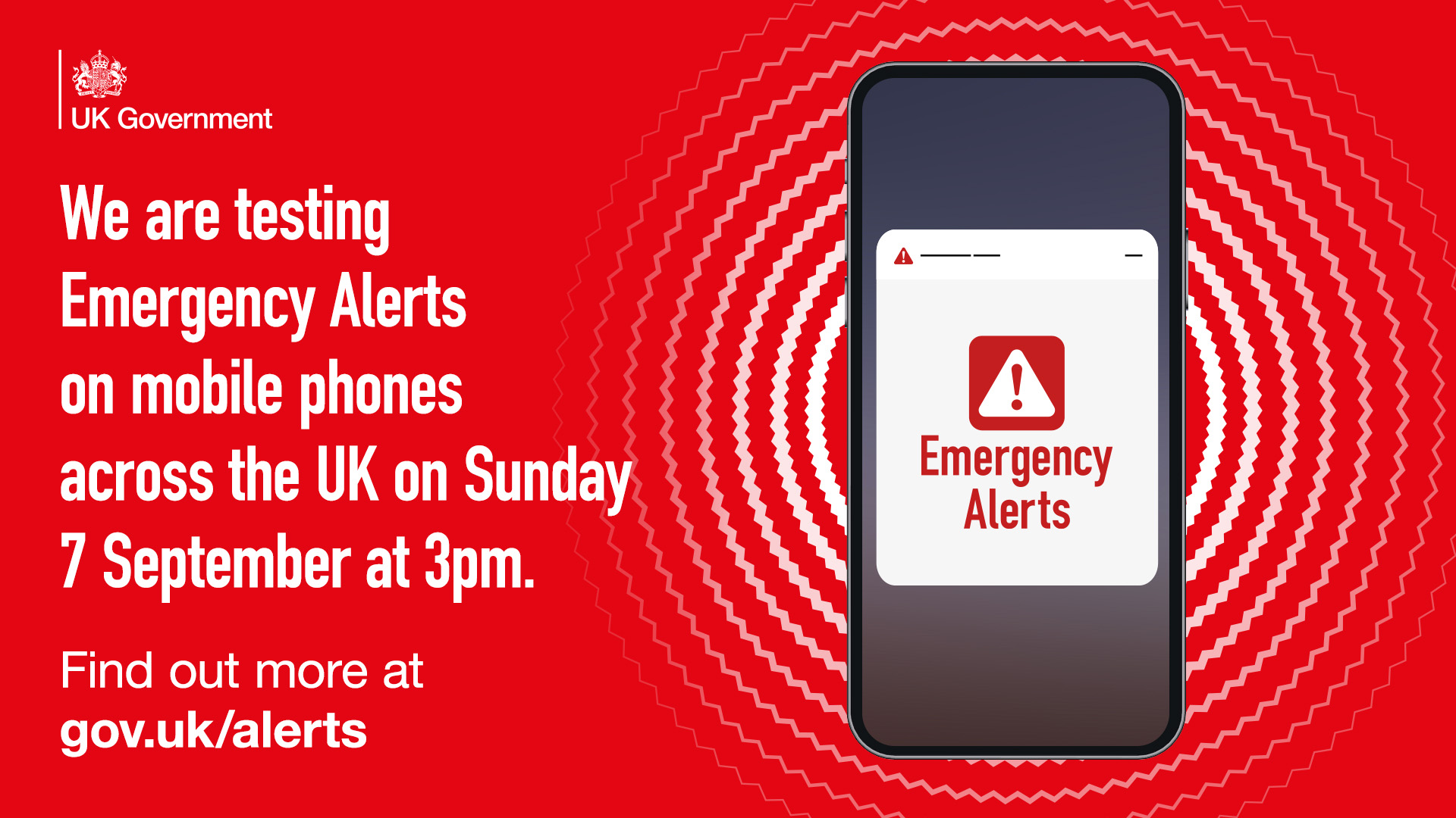 A national test of the Emergency Alerts system will take place on Sunday 7 September at 3pm
